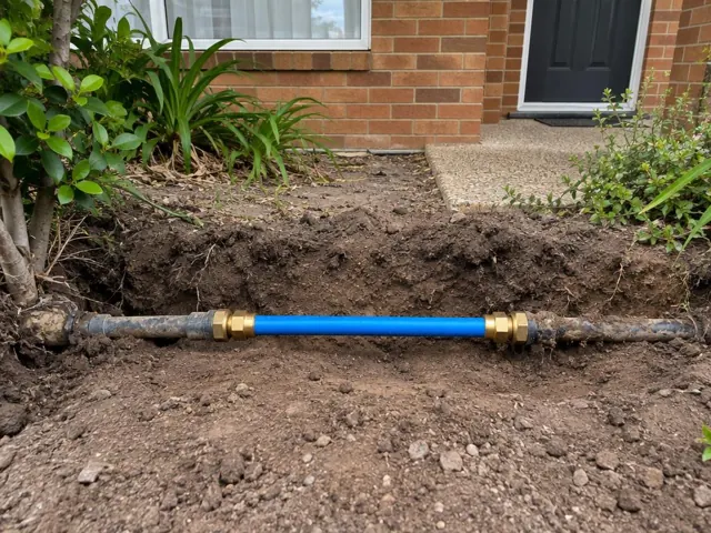 Exposed repaired water pipe with blue section and brass fittings in a front yard trench in Seaforth