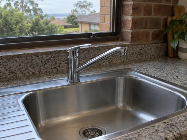 Chrome mixer tap over a stainless kitchen sink with granite benchtop and brick window wall in Allambie Heights